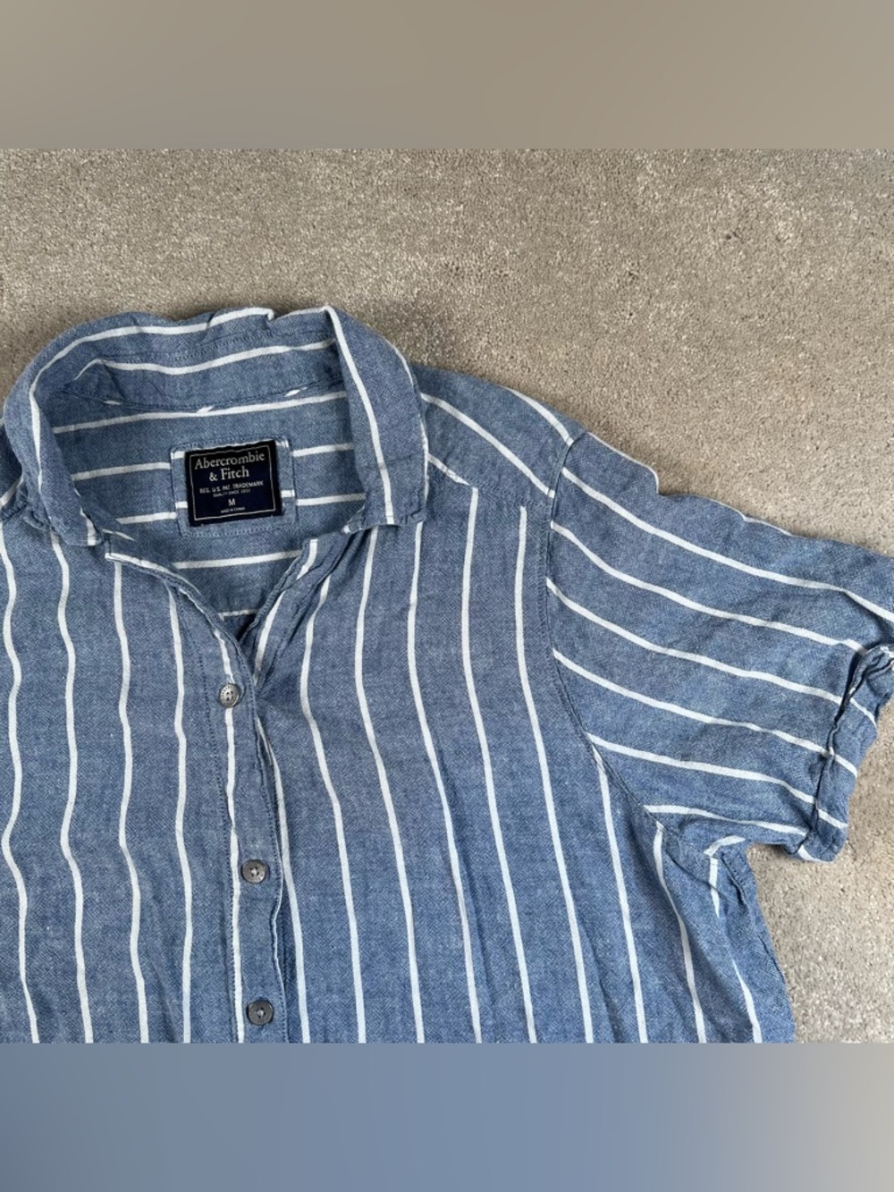 Linen Blend Button Down Short Sleeve Blue White Stripe Abercrombie Shirt Medium